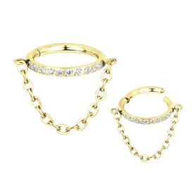 Piercing Ring Clicker ornato di strass e catena in titanio PVD Gold