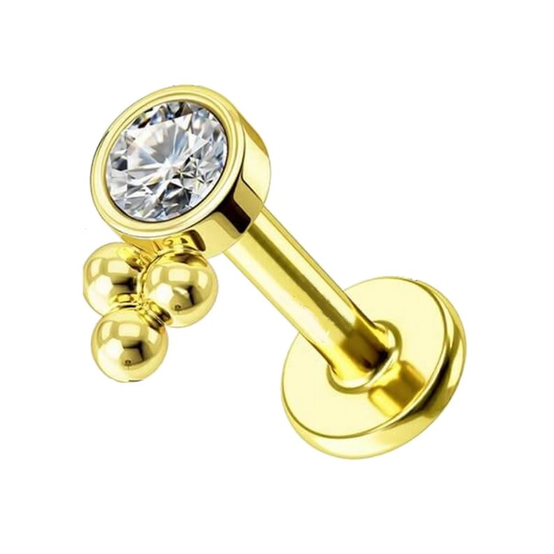 Piercing Labret Zircon con 3 palline in titanio PVD Gold