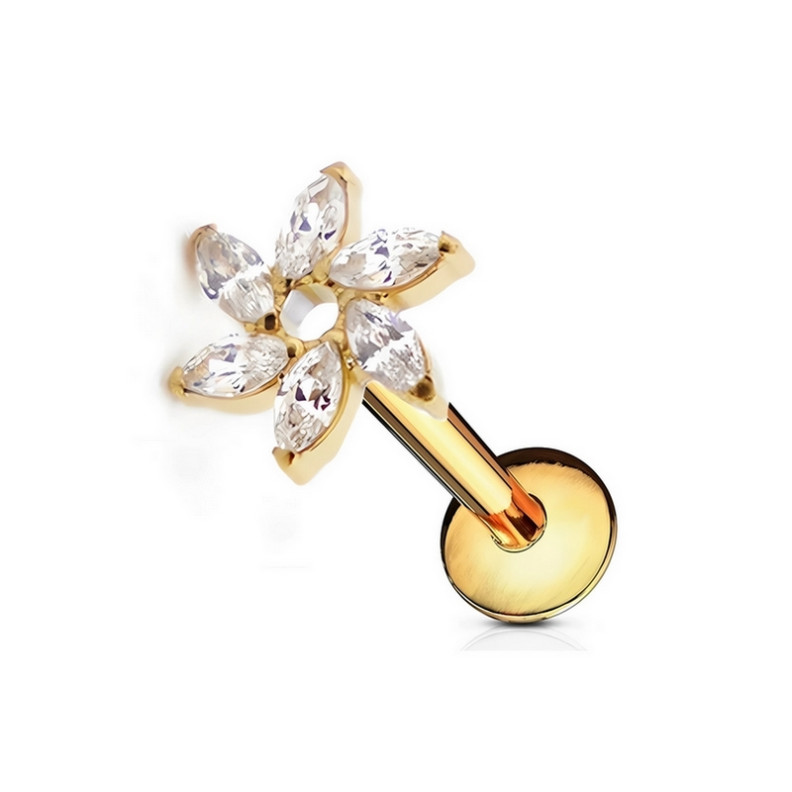 Piercing Labret floral orné de zircons Titane PVD Gold