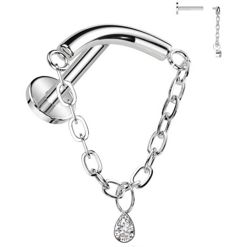 Piercing Labret arqué avec chaine et zircon en Titane Piercing Labret arqué avec chaine et zircon en Titane