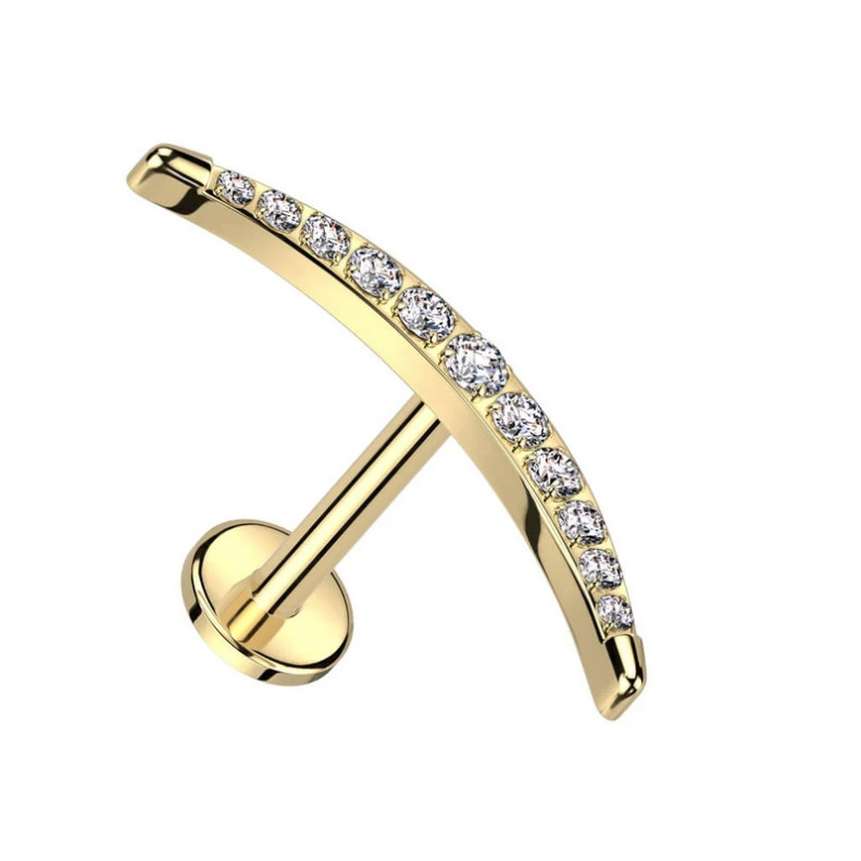 Piercing Labret arqué avec zircons griffés en Titane PVD Gold Piercing Labret arqué avec zircons griffés en Titane PVD Gold