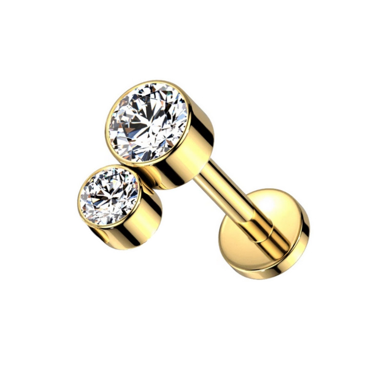 Piercing Labret Double zircons griffés en Titane PVD Gold Piercing Labret Double zircons griffés en Titane PVD Gold