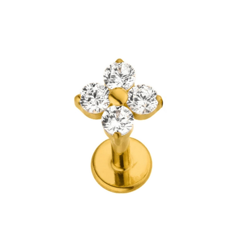 Piercing Labret floral à 4 pétales avec zircons Titane PVD Gold Piercing Labret floral à 4 pétales avec zircons Titane PVD Gold
