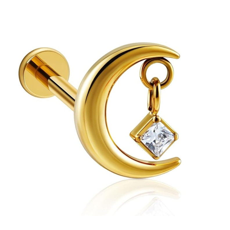 Piercing Labret croissant de lune avec strass en Titane PVD Gold Piercing Labret croissant de lune avec strass en Titane PVD Gold