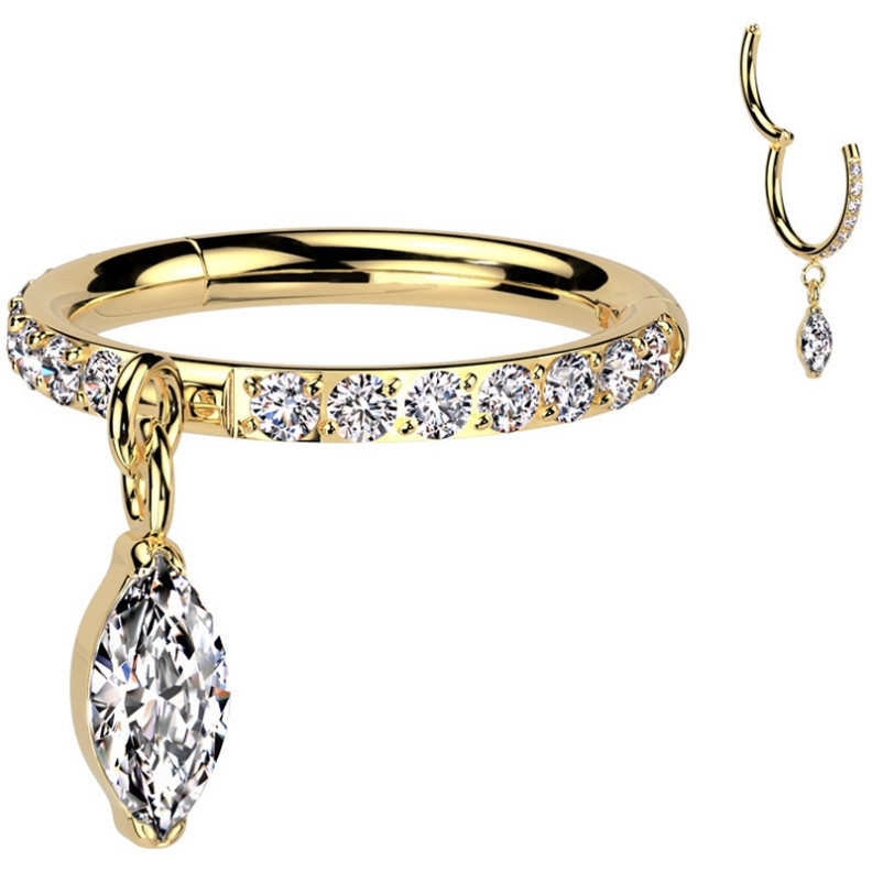 Piercing Anneau Clicker serti de zircons avec un pendentif en marquise en Titane PVD Gold Piercing Anneau Clicker serti de zircons avec un pendentif en marquise en Titane PVD Gold