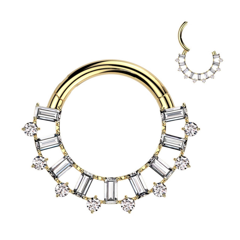 Piercing Anneau Clicker serti de zircons rectangulaires et ronds en Titane PVD Gold