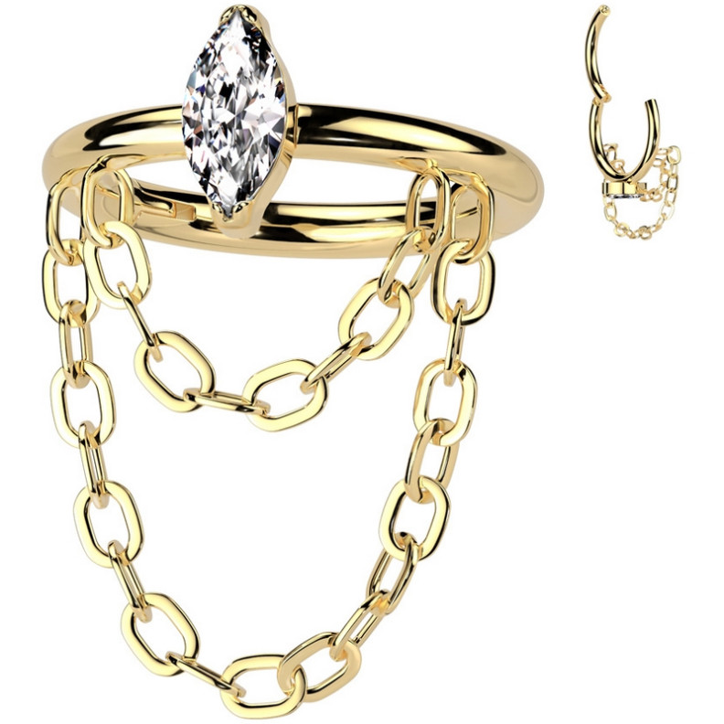 Piercing Anneau Clicker avec marquise et chaînes élégantes en Titane PVD Gold Piercing Anneau Clicker avec marquise et chaînes élégantes en Titane PVD Gold