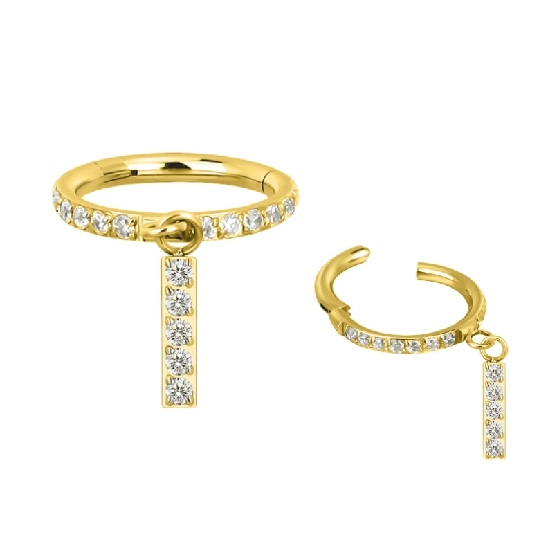 Piercing Anneau Clicker serti de zircons avec pendentif éclatant en Titane PVD Gold Piercing Anneau Clicker serti de zircons avec pendentif éclatant en Titane PVD Gold