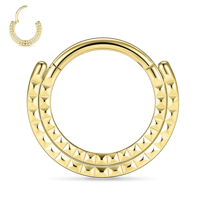 Piercing Anneau Clicker double orné de rivets pyramidaux en Titane PVD Gold