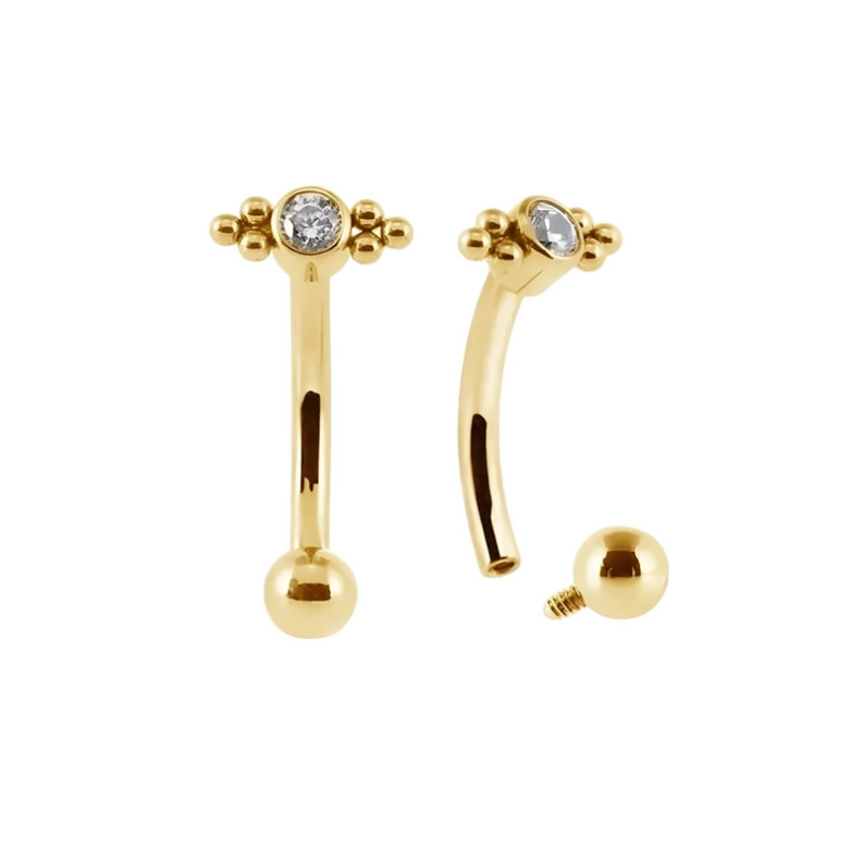 Piercing Barbell courbé zircon griffé avec boules en Titane PVD Gold Piercing Barbell courbé zircon griffé avec boules en Titane PVD Gold