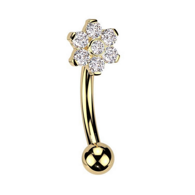 Piercing Barbell courbé design fleur et zircon en Titane PVD Gold