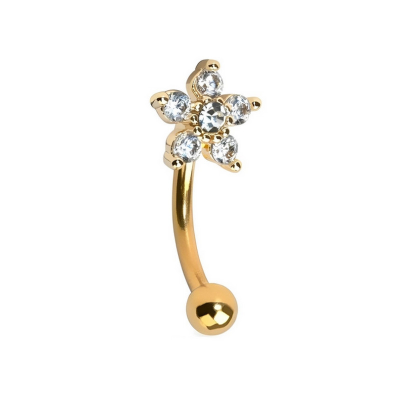 Piercing Barbell courbé fleur ornée de zircon en Titane PVD Gold Piercing Barbell courbé fleur ornée de zircon en Titane PVD Gold