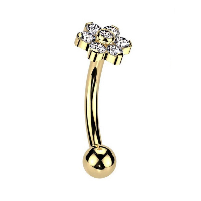 Piercing Barbell courbé élégance florale avec zircon en Titane PVD Gold Piercing Barbell courbé élégance florale avec zircon en Titane PVD Gold