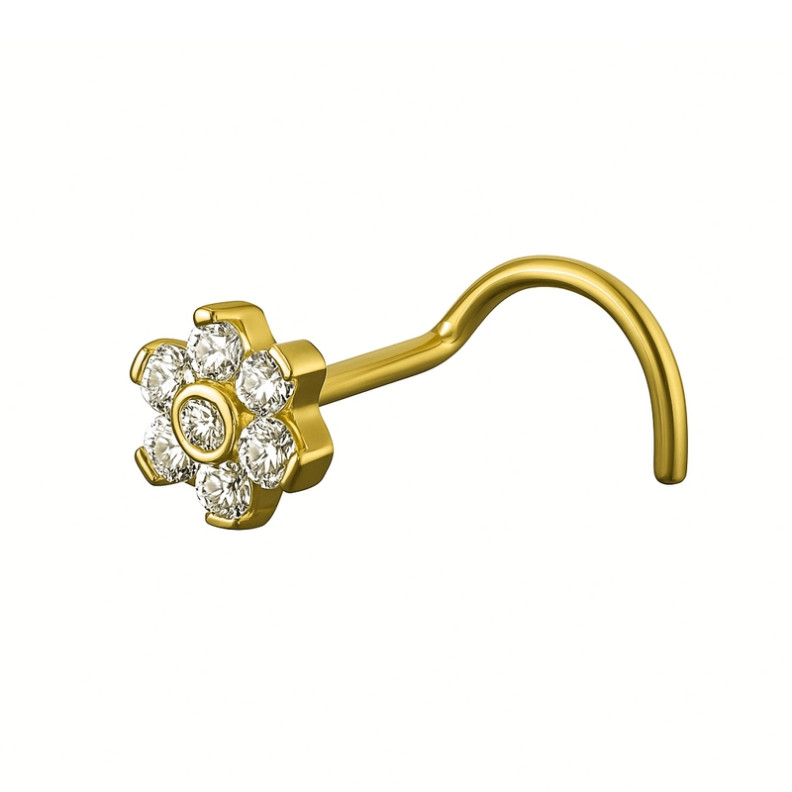 Piercing nez stud en forme de fleur sertie de zircons en Titane PVD Gold Piercing nez stud en forme de fleur sertie de zircons en Titane PVD Gold